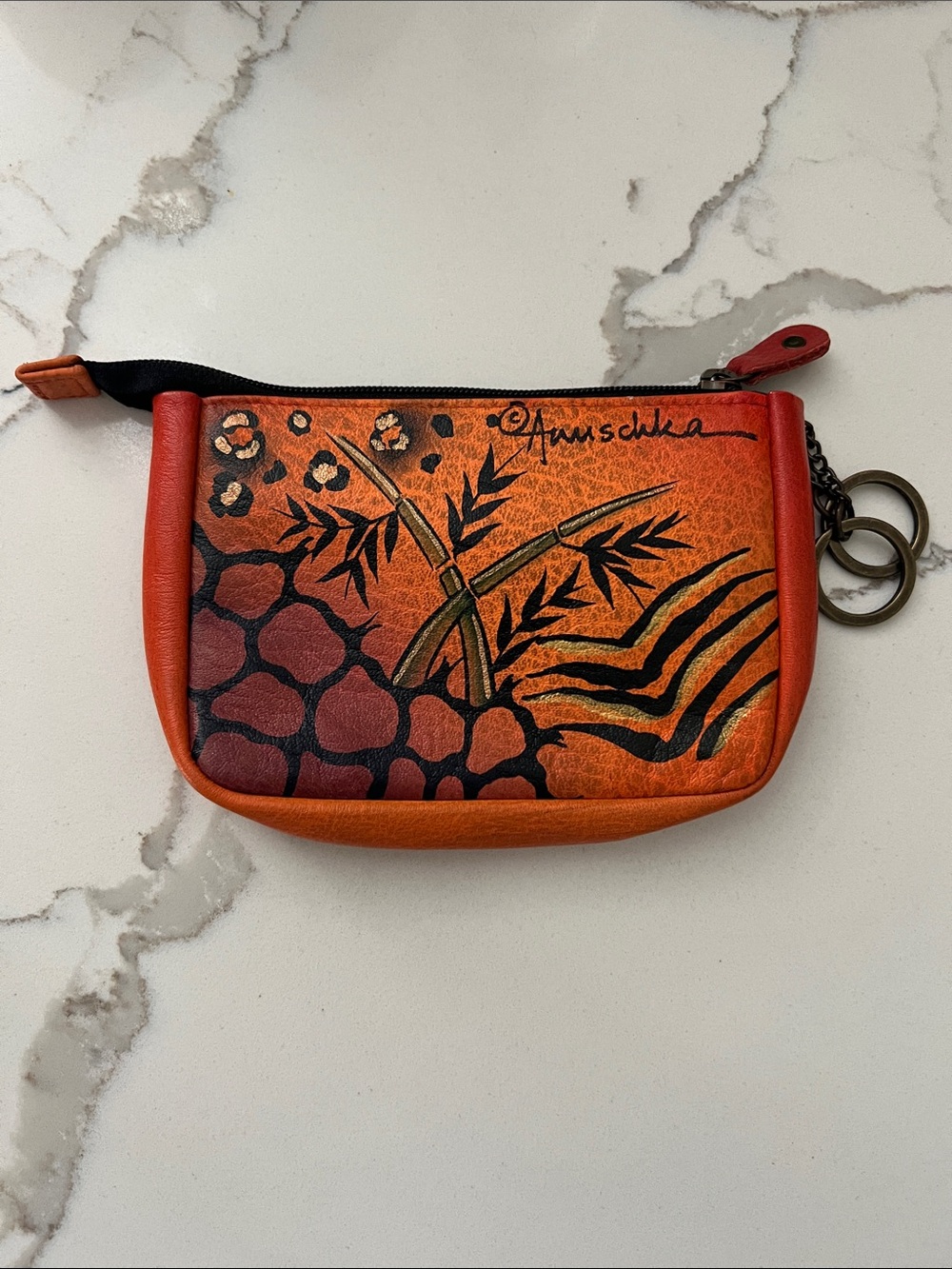 NWOT Anuschka Orange and Black Hand-Painted Leather Coin Pouch
